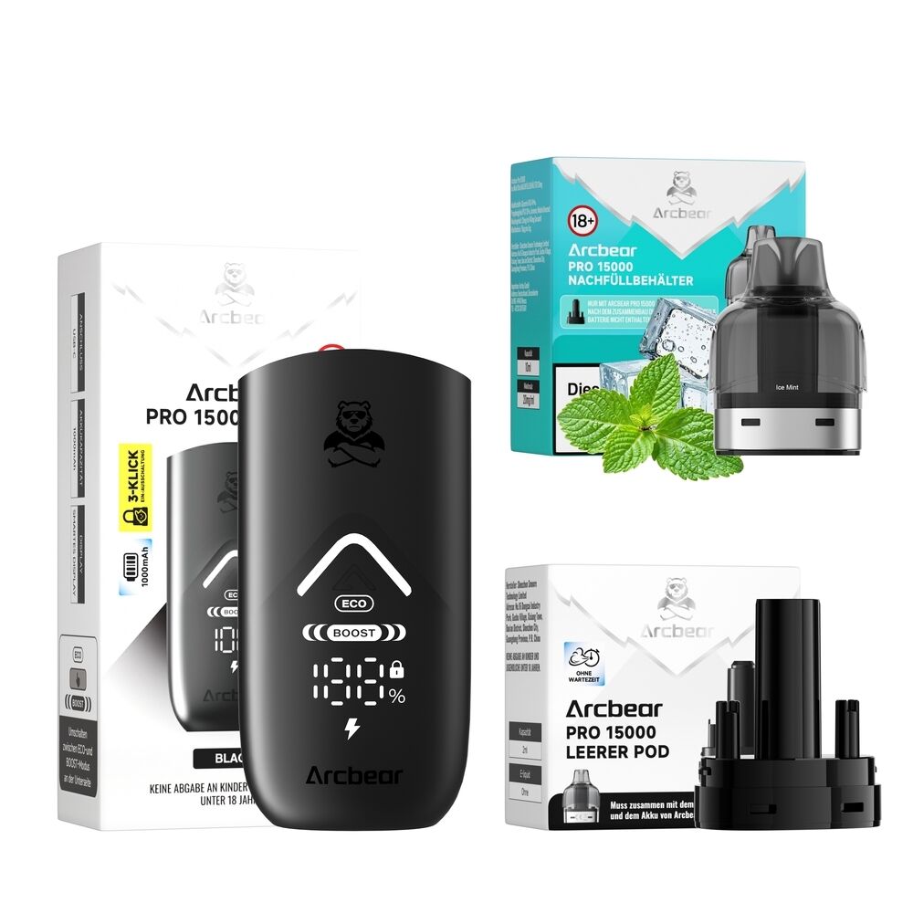Arcbear Pro 15000 Set - Ice Mint 20mg Arcbear Pro 15000 Set mit schwarzer E-Zigarette und Nachfüllbehälter, Ice Mint 20mg, Verpackungen und Ladezubehör.