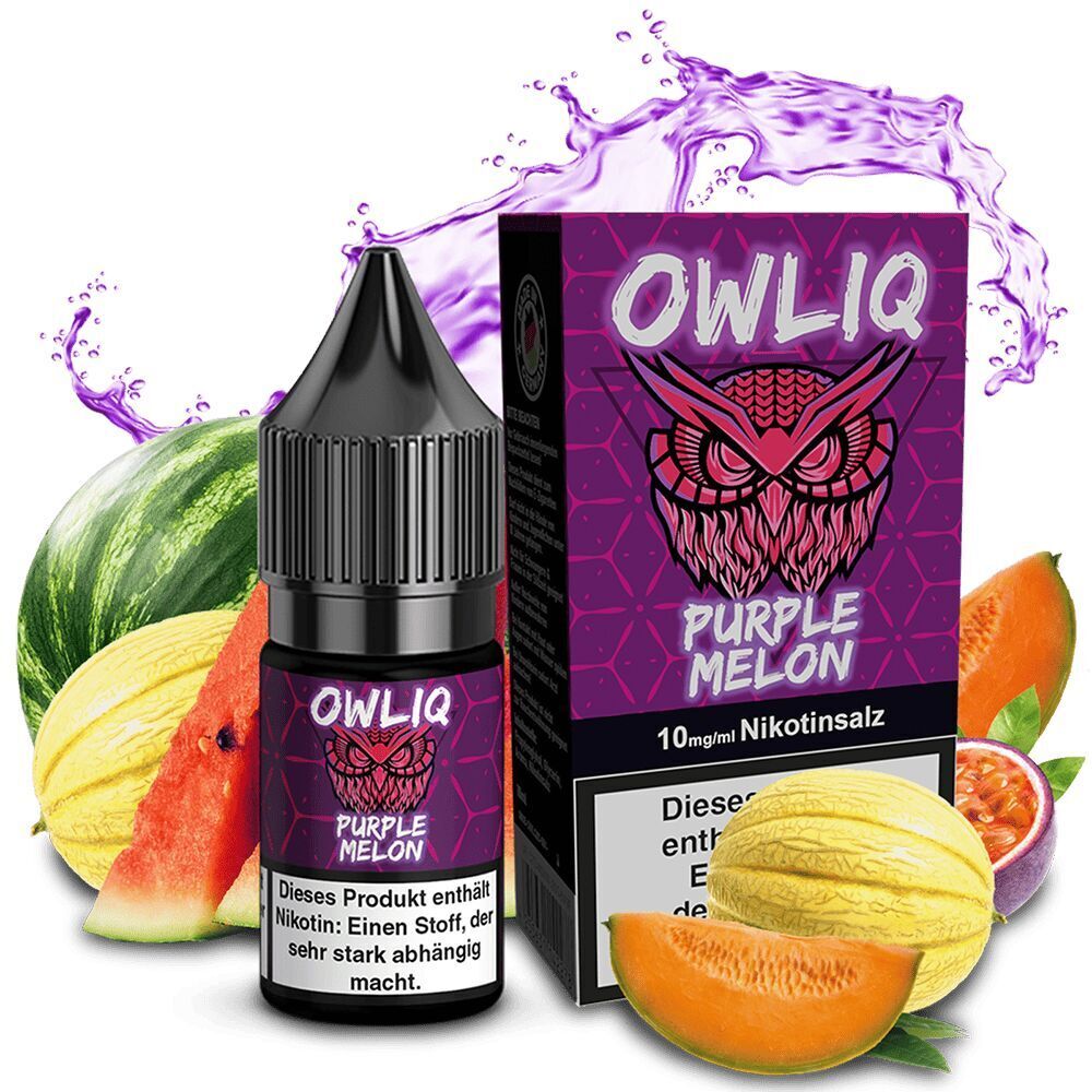 Owliq Nikotinsalz - Purple Melon Owliq Nikotinsalz Purple Melon Flasche und Verpackung, umgeben von Melonen und einer lila Flüssigkeit im Hintergrund.