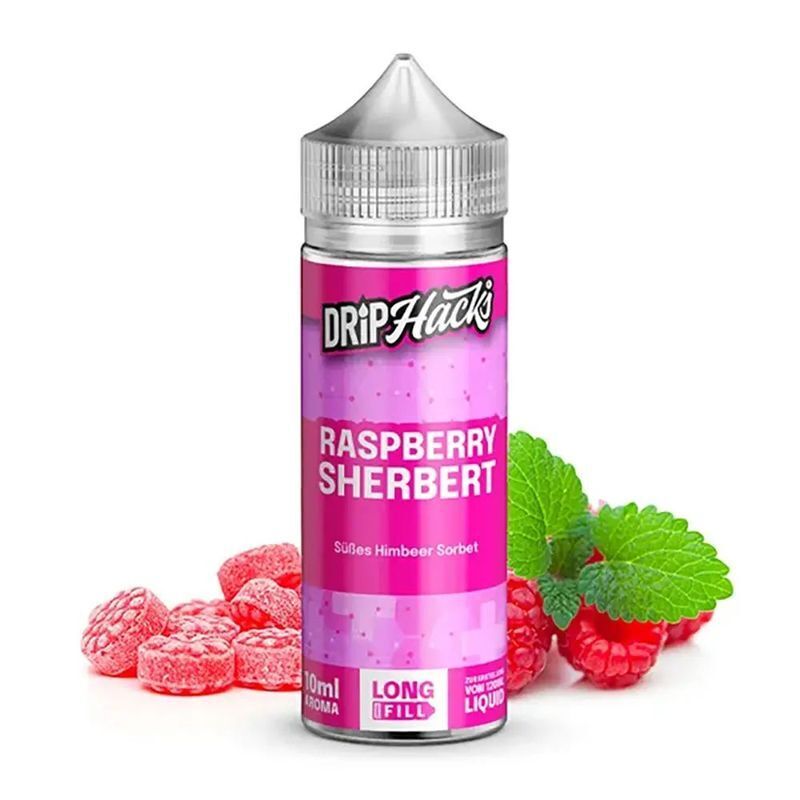 Aroma Raspberry Sherbet von Drip Hacks Drip Hacks Aroma Flasche Raspberry Sherbet mit Himbeeren und grünen Blättern im Hintergrund, 10ml Aroma, LONG FILL Hinweis sichtbar