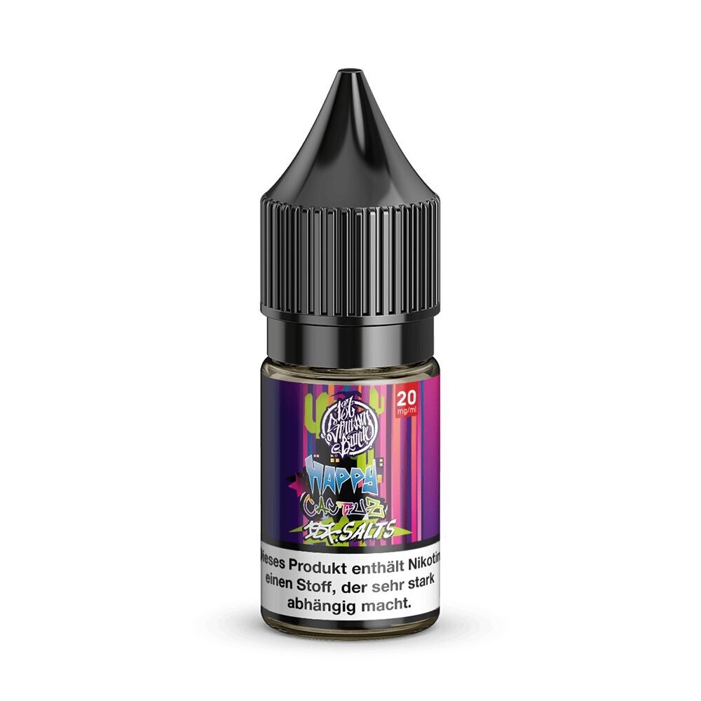 E-Liquid-Flasche "Happy Cactuz 20mg" der 187 Strassenbande mit schwarz-grauem Deckel und buntem Etikett, Nikotin-Warnhinweis sichtbar.