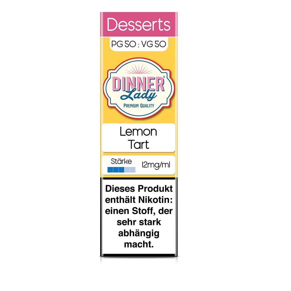 Dinner Lady Liquid Lemon Tart 12mg Verpackung mit Warnhinweis zu Nikotinabhängigkeit und dem Dessert-Label im oberen Bereich