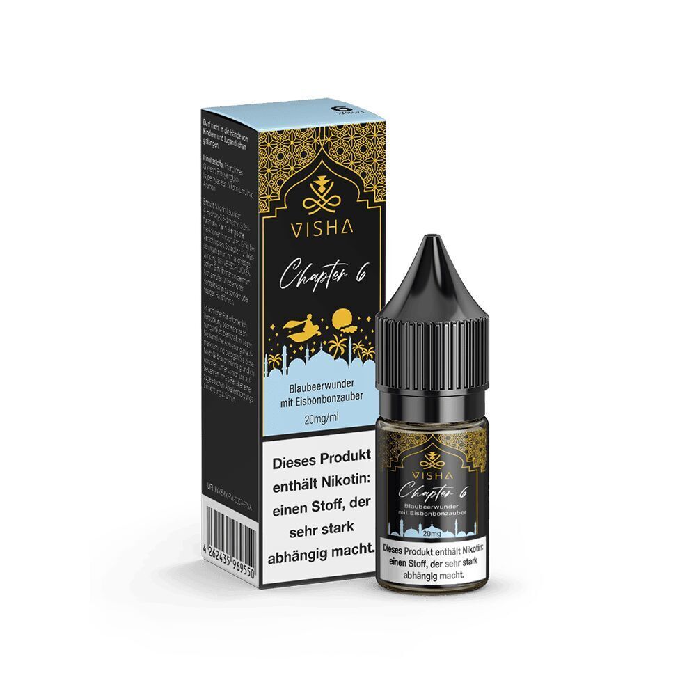 Liquid Chapter 6 - Visha Visha Nikotinsalz Chapter 6 Blaubeerwunder mit Eisbonbonzauber, 20 mg/ml, Verpackung und Flasche mit Warnhinweis, schwarzer Deckel