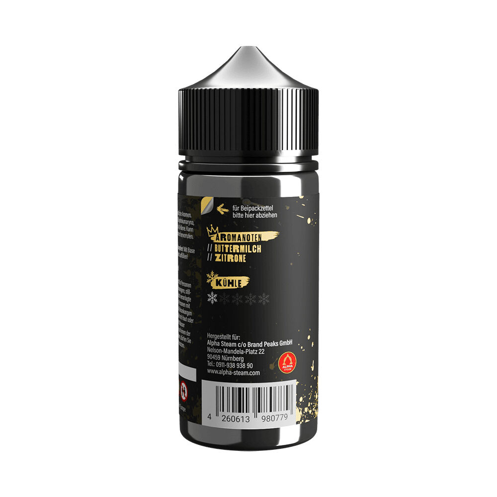 Tony Vapes Aroma - Fresh Buttermilk Flasche, schwarze Verpackung, Aromanoten Buttermilch Zitrone, Herstellerinfo und Barcode sichtbar