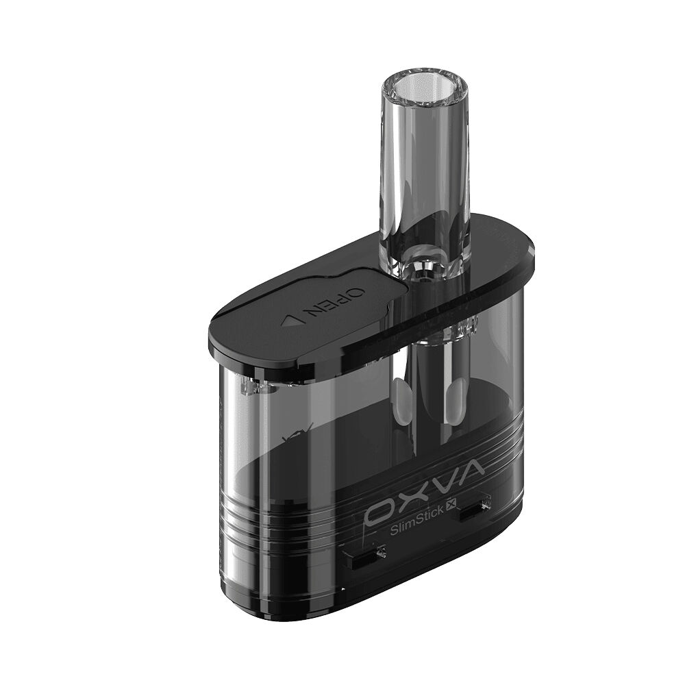 OXVA SlimStick X Pods mit Coil - 1,0 Ohm OXVA SlimStick X Pod mit 1,0 Ohm Coil, transparenter Tank, langes Mundstück, „Open“-Label oben sichtbar