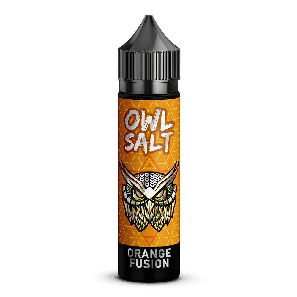 Aroma Orange Fusion - Owl Salt Flasche mit Aufschrift "OWL SALT Orange Fusion", Eulenmotiv auf orangefarbenem Hintergrund.