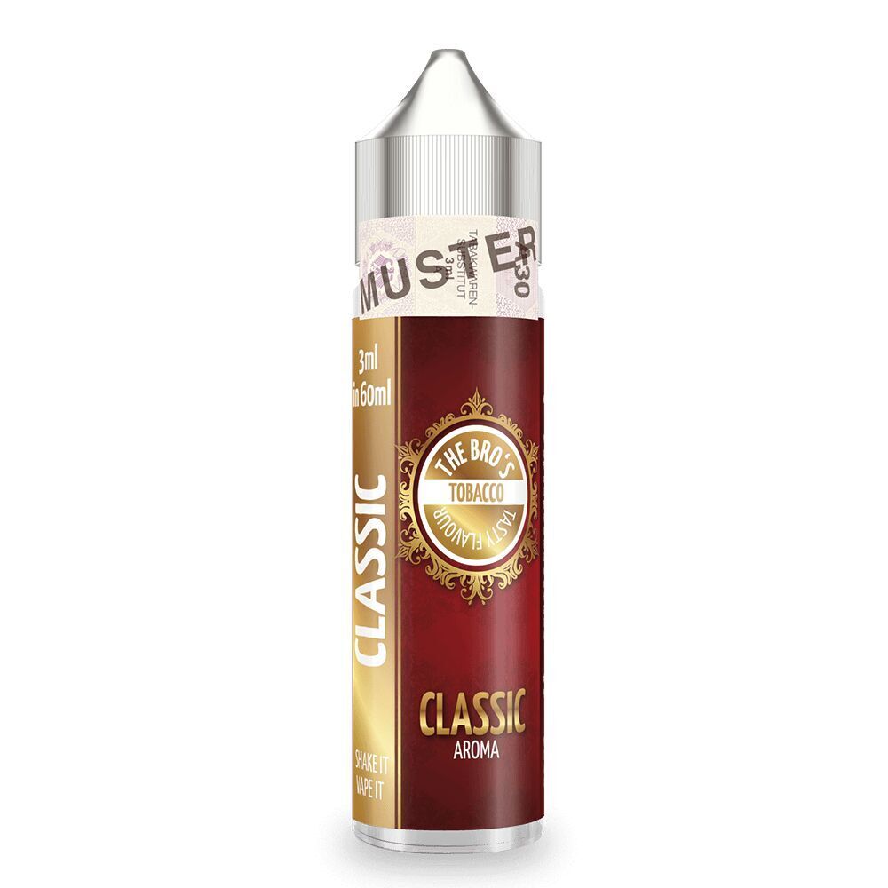 Aroma Tobacco Classic von The Bros Flasche mit rotem Etikett, Aufschrift "The Bro's Tobacco Classic Aroma", silberner Verschluss, Kapazität 3ml in 60ml.