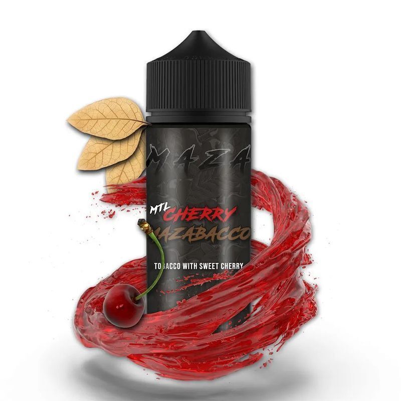 Aroma Cherry Mazabacco von MaZa MaZa Aroma Flasche, Cherry Mazabacco Design, umgeben von roter Flüssigkeitsspirale, mit Kirsche und Tabakblättern dekoriert