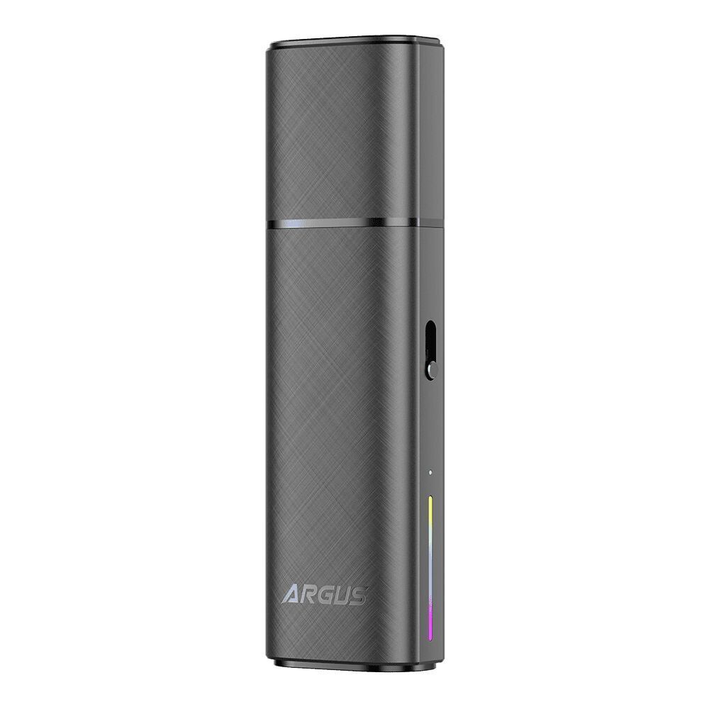 Voopoo Argus Klyc Pod Kit - Mystic Gray Voopoo Argus Klyc Pod Kit in Mystic Gray mit glatter Oberfläche, sichtbarem Schiebeknopf und farbigem LED-Streifen am Rand, ARGUS-Logo.