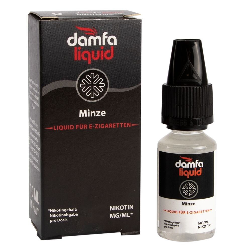 Liquid Minze 3mg - Damfaliquid Verpackung und Flasche des Damfaliquid Liquids, Minze 6mg, für E-Zigaretten, mit schwarzem Etikett und rotem Logo sichtbar