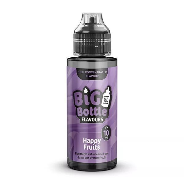 Aroma Happy Fruits von Big Bottle Flavours Big Bottle Flavours Aroma Happy Fruits, 10 ml Flasche, lila Etikett mit Aufschrift „Blaubeeren, Guave und Drachenfrucht“