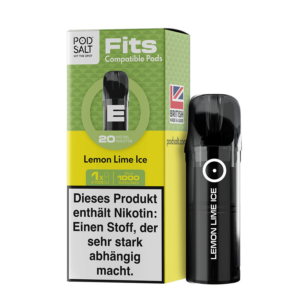 Pod Salt Fits Pods - Lemon Lime Ice 20mg Pod Salt Fits Pods Lemon Lime Ice 20mg-Package mit kompatiblem E-Pod, britischer Flagge und Warnhinweis zu Nikotin-Inhalt.