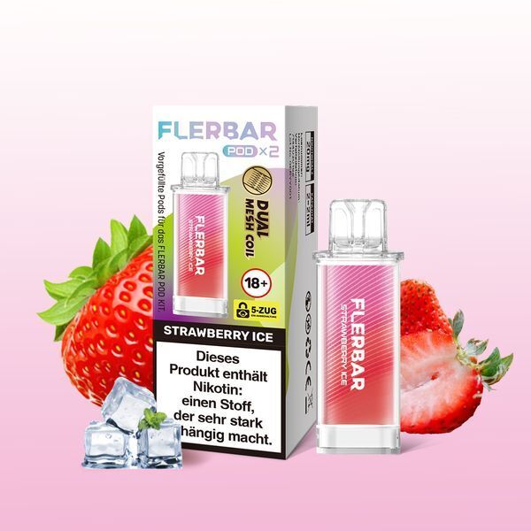 Strawberry Ice 20mg - Flerbar Pods Flerbar Pods - Strawberry Ice 20mg vor Verpackung mit Erdbeeren und Eiswürfeln, Hinweis auf Nikotin und starker Abhängigkeit.