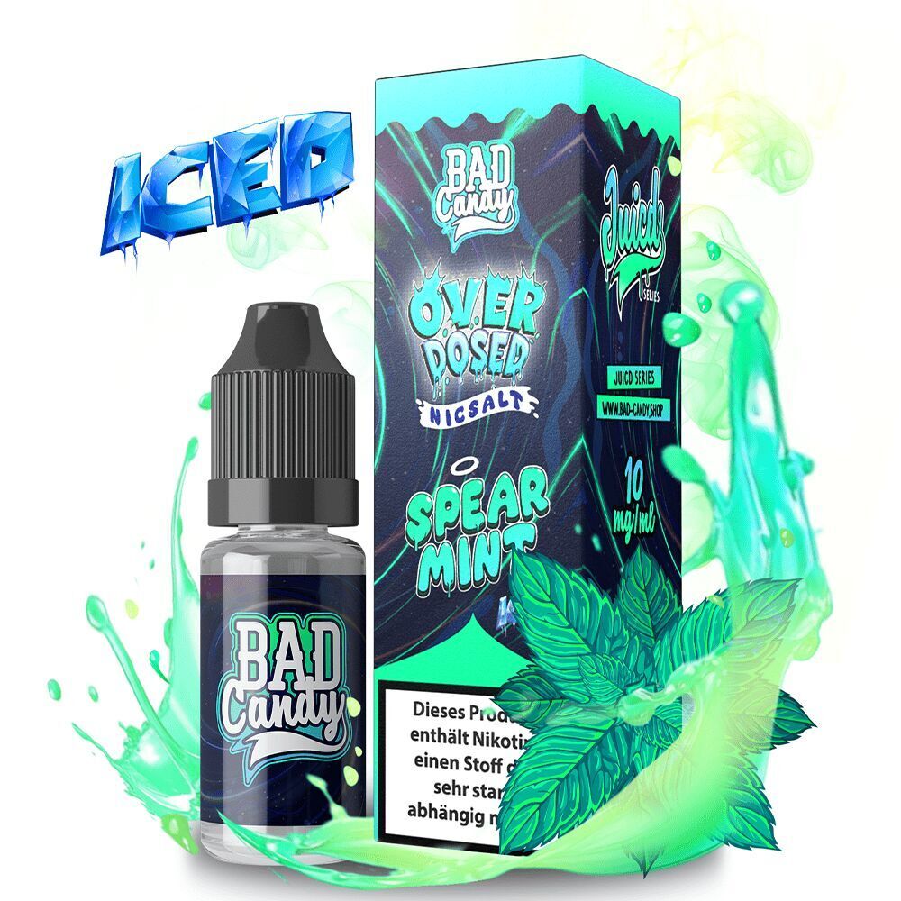 Liquid Spearmint Iced 20mg - Bad Candy Overdosed E-Liquid-Flasche und Schachtel von Bad Candy Overdosed mit Spearmint Iced, grünen Minzblättern und blauen Eistropfen.