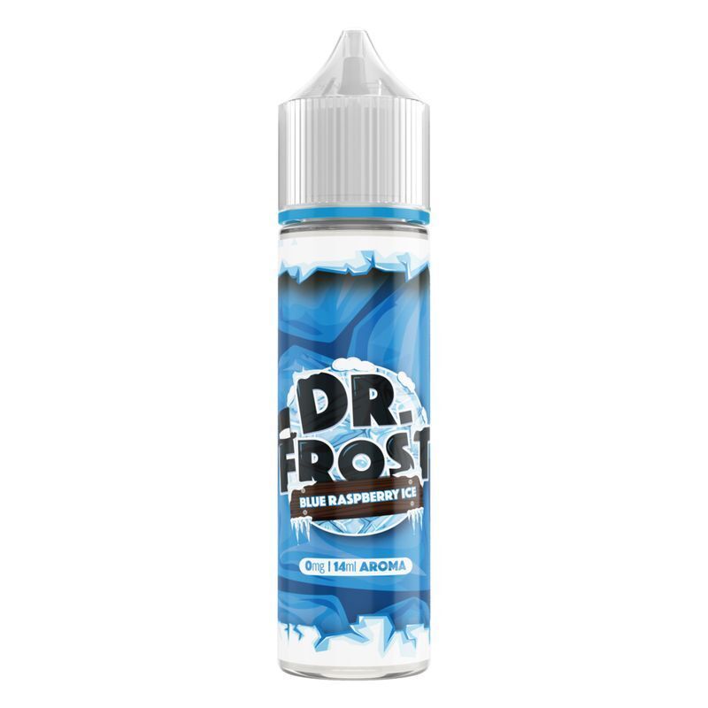 Aroma Blue Raspberry Ice von Dr. Frost Flasche Dr. Frost Aroma Blue Raspberry Ice mit blau-weißer Verpackung und Text 0mg 14ml Aroma.