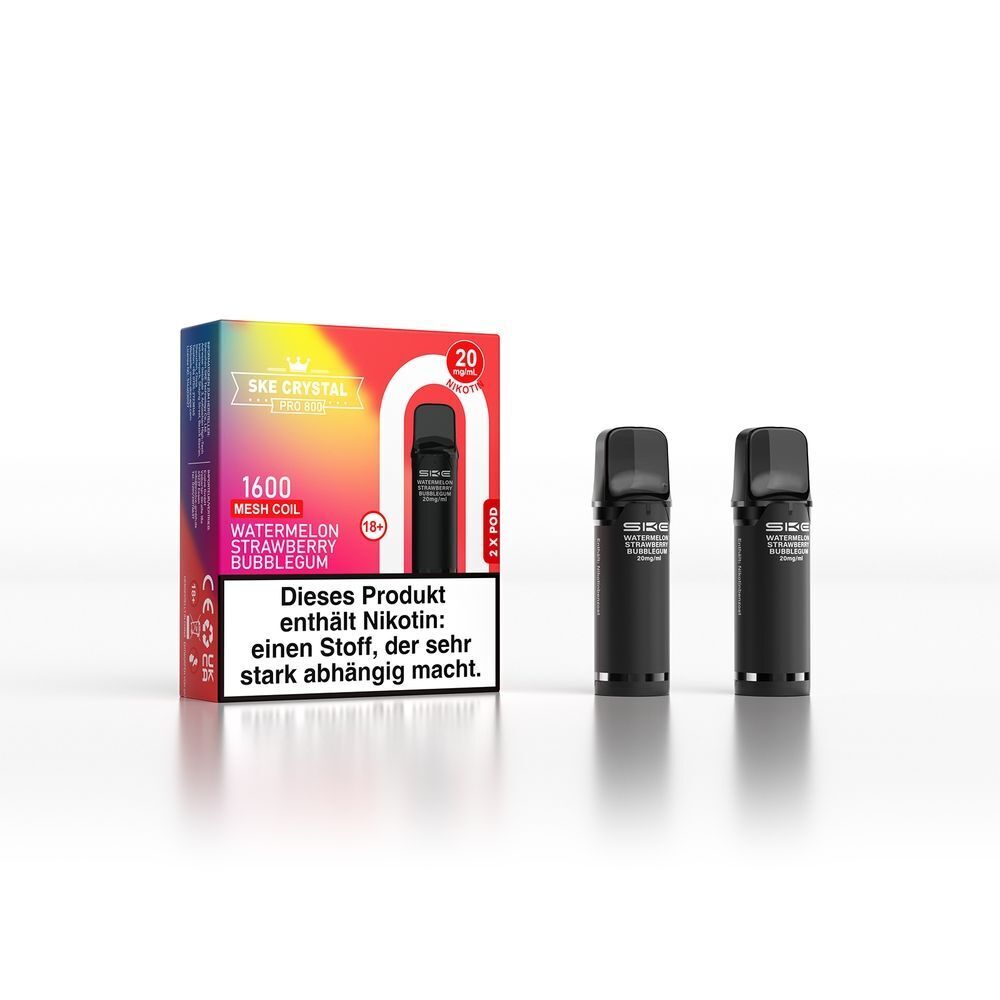 SKE Crystal 800 Pro Pods - Watermelon Strawberry Bubblegum Verpackung und zwei Pods von SKE Crystal Pro mit Geschmacksrichtung Watermelon Strawberry Bubblegum, 20 mg Nikotin, Warnhinweis enthalten.