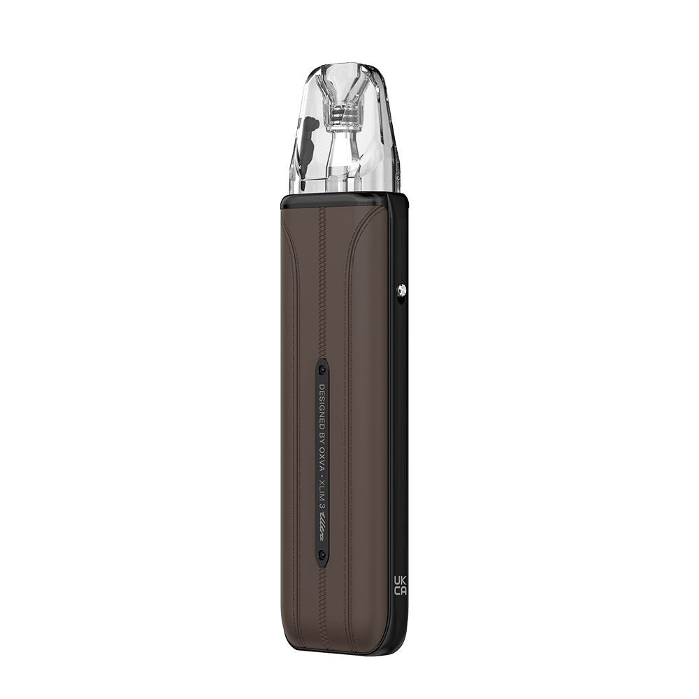 Oxva Xlim 3 Ultra Pod Kit in Mocha Brown mit klarem Mundstück, Seitenfläche mit Schriftzug, elegantes Design.