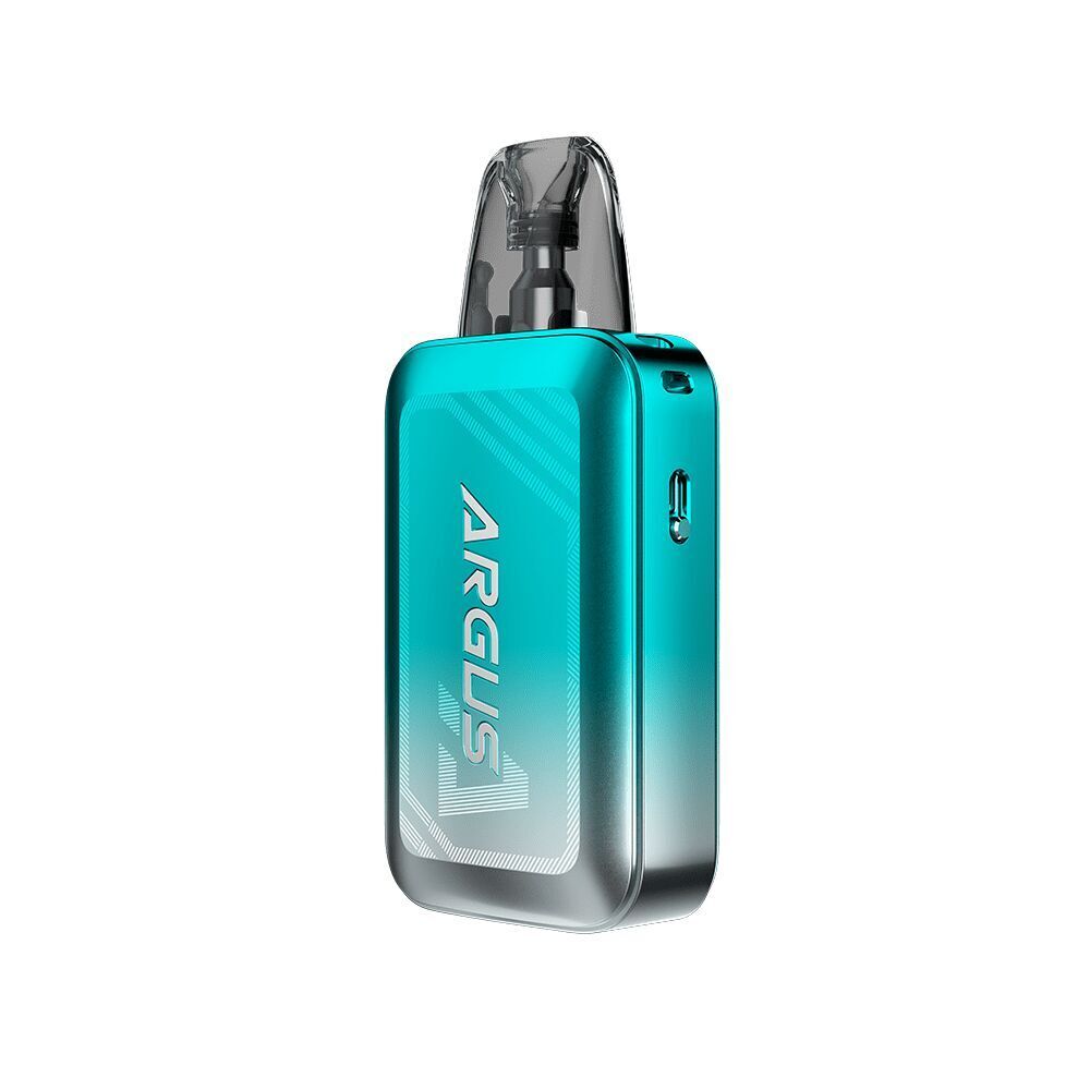 Voopoo Argus A Pod Kit in Azure Blue mit transparentem Mundstück und seitlichem Port, sichtbares Branding „Argus“.