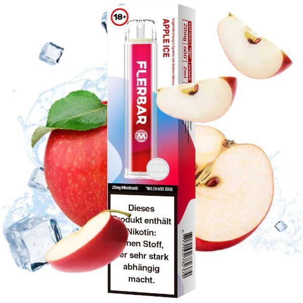 Apple Ice mit 20mg Nikotin Flerbar E-Shisha Flerbar Apple Ice 20mg mit Abbildung eines roten Apfels und Apfelscheiben, daneben Eiswürfel, enthält Warnhinweis zu Nikotin.