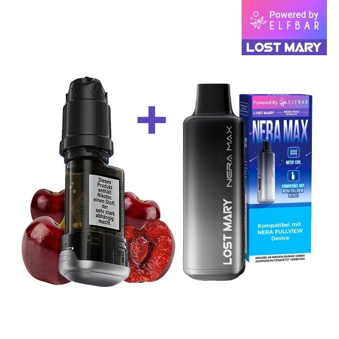 Lost Mary Nera Max 15K Pods - Cherry Ice 20mg Lost Mary Nera Max 15K Pods Cherry Ice 20mg, schwarze Geräteflasche und schwarzer Vaporizer neben blauer Verpackung mit Branding.