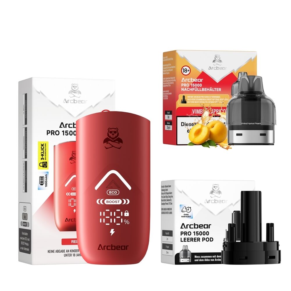 Arcbear Pro 15000 Set - Vimbull Apricot Peach 20mg Arcbear Pro 15000 Set mit rotem Gerät, Nachfüllbehälter und leerem Pod, Aprikosen abgebildet, Branding erkennbar