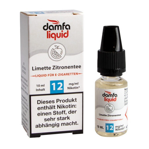 Liquid Limette Zitronentee 12mg - damfaliquid Damfaliquid Limette Zitronentee 12mg Liquid für E-Zigaretten, 10ml Flasche neben Verpackung mit Warnhinweis auf Nikotingehalt.