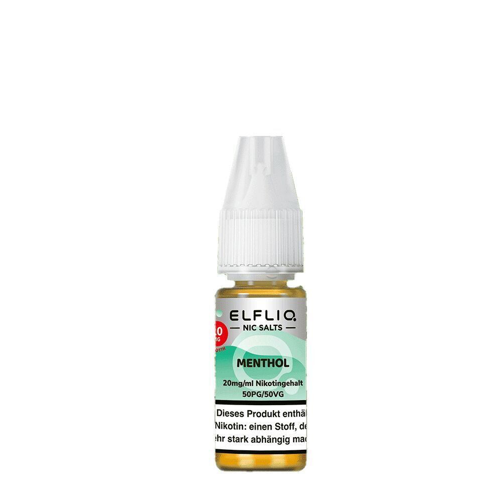 Elfliq Nikotinsalz - Menthol 20mg Elfliq Menthol Nikotinsalzflasche mit 20mg/ml Nikotingehalt, grün-weiße Etikette mit Warnhinweis und weißer Verschlusskappe