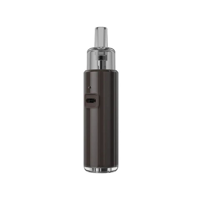 Voopoo Doric Q Pod Kit Voopoo Doric Q Pod Kit in Dunkelbraun mit transparentem Mundstück und seitlichem USB-C-Anschluss sichtbar.