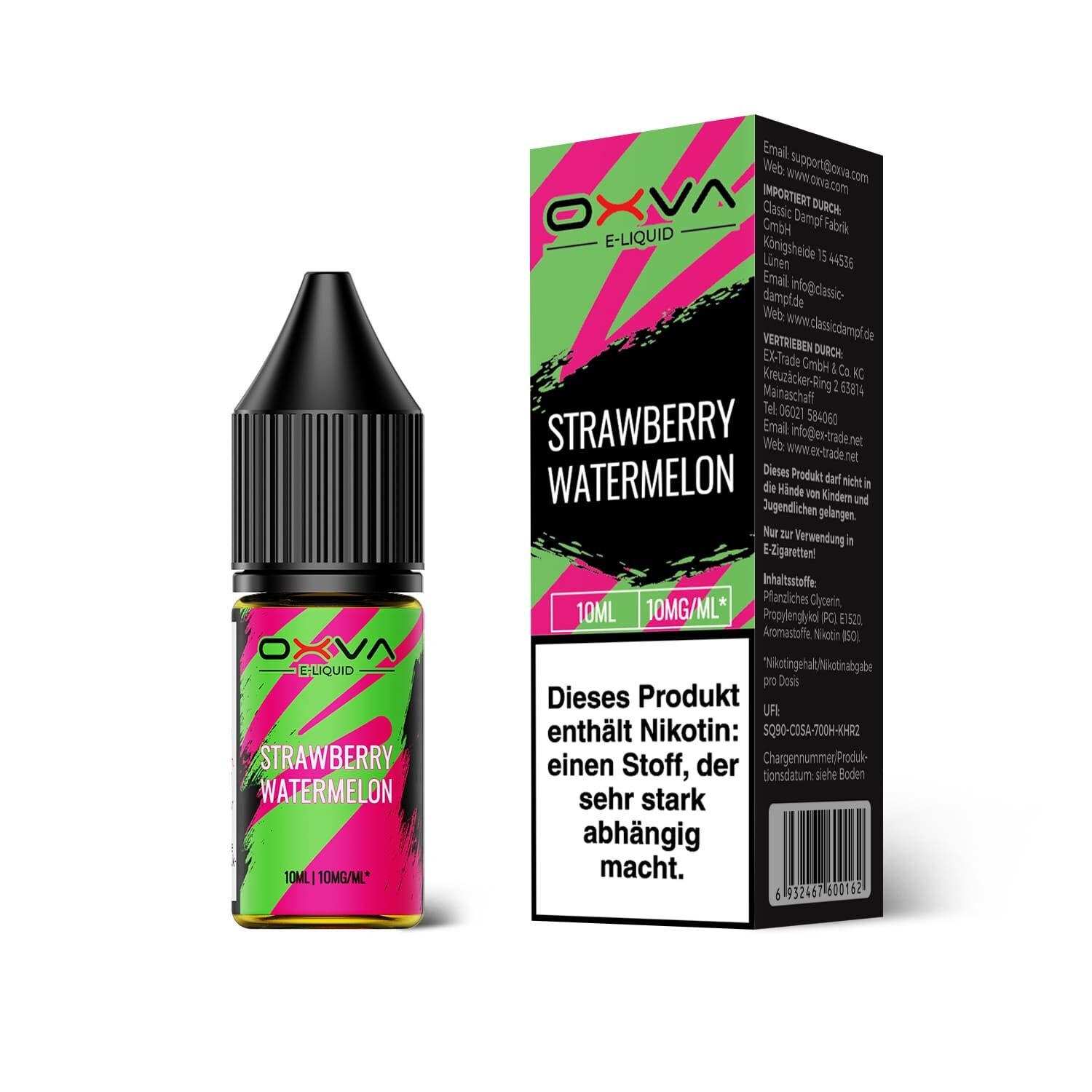 Liquid Strawberry Watermelon von Oxva Oxva Nikotinsalz-Flasche und Verpackung mit Aufschrift "Strawberry Watermelon", auffälliges grünes und pinkes Design, Nikotinwarnung sichtbar.