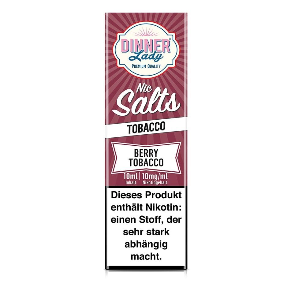 Dinner Lady Nic Salts, Berry Tobacco mit 10mg Nikotin, Packung mit Streifendesign und Warnhinweis "Dieses Produkt enthält Nikotin"