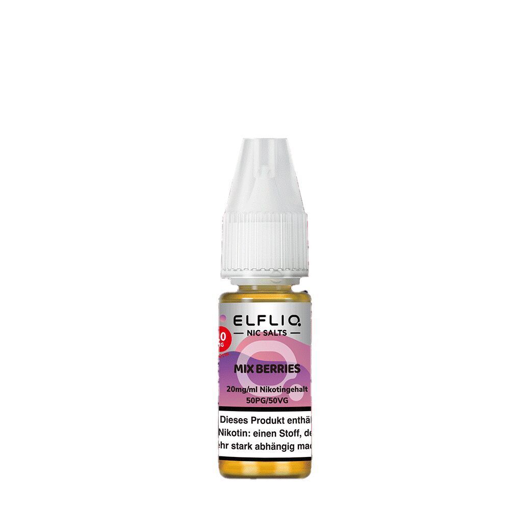 Elfliq Nikotinsalz - Mix Berries 20mg Flasche Elfliq Nikotinsalz Mix Berries 20mg, weißer Verschluss, lila Etikett mit Produktdetails und Warnhinweis über Nikotinsuchtgefahr.