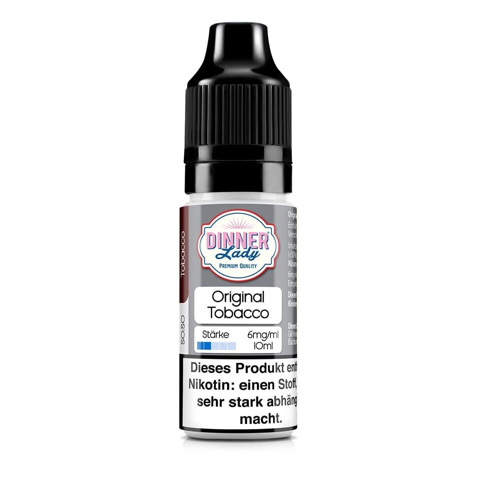 Dinner Lady Liquid Flasche mit Original Tobacco 6mg/10ml Etikett, Warnhinweis zu Nikotinabhängigkeit, schwarzer Verschluss.