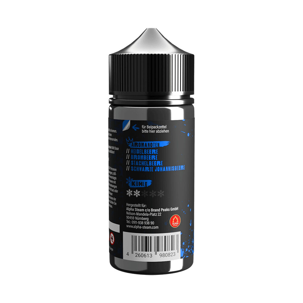 TNV101_2.jpg Flasche von Tony Vapes Aroma - Blaues Zeug mit Aromanoten von Heidelbeere, Brombeere, Stachelbeere und schwarzer Johannisbeere auf schwarzem Etikett.