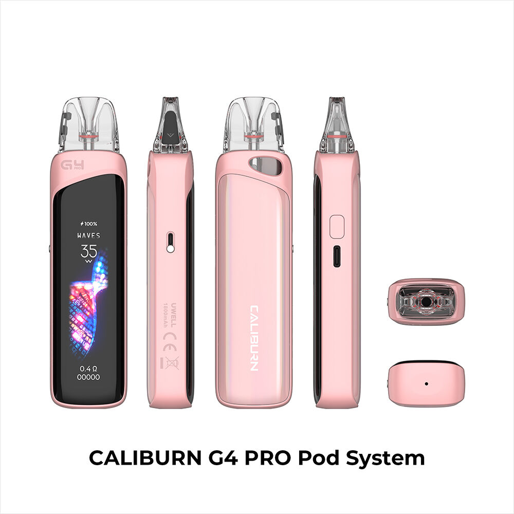 Uwell Caliburn G4 Pro Pod Kit - Fantasy Pink Uwell Caliburn G4 Pro Pod Kit in Fantasy Pink, vier Ansichten: Vorderseite mit Display, Rückseite mit Logo, Seite mit Knopf, einzelner Pod sichtbar