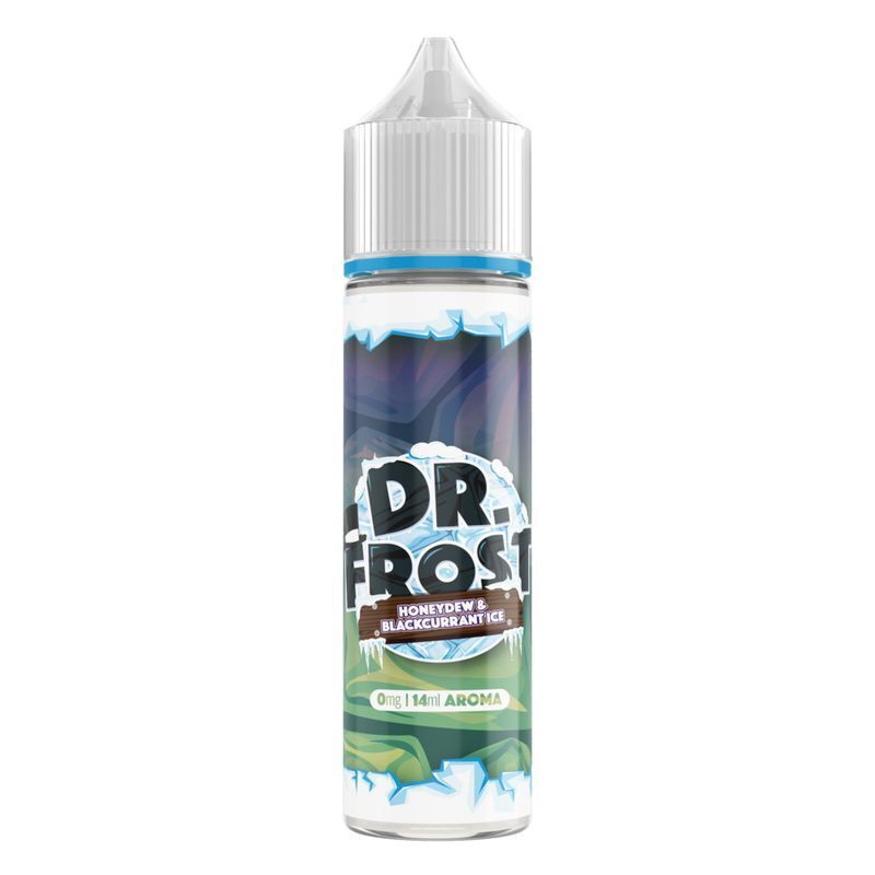 Aroma Honeydew & Blackcurrant Ice von Dr. Frost Flasche Dr. Frost Aroma mit der Aufschrift Honeydew & Blackcurrant Ice, 0mg, 14ml, illustriert mit Eis- und Bergmotiv.