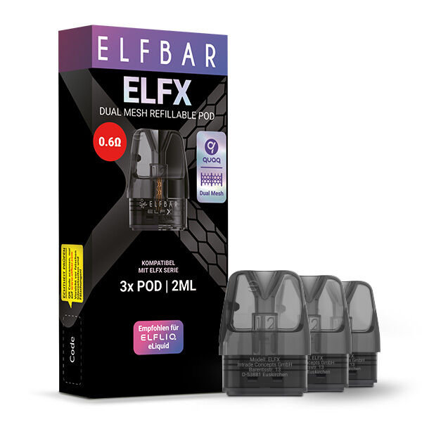 Verpackung der Elfbar Elfx Pod 0,6 Ohm, zeigt 3 Pods à 2ml, empfohlen für ELFLIQ eLiquid, Dual Mesh Refillable Pod Design, schwarzer Hintergrund