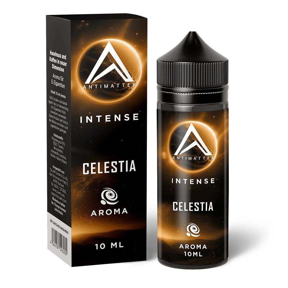 Antimatter Intense Aroma Celestia Flasche und Verpackung mit galaktischem Design, 10 ml Text und Logo sichtbar auf schwarzem Hintergrund.