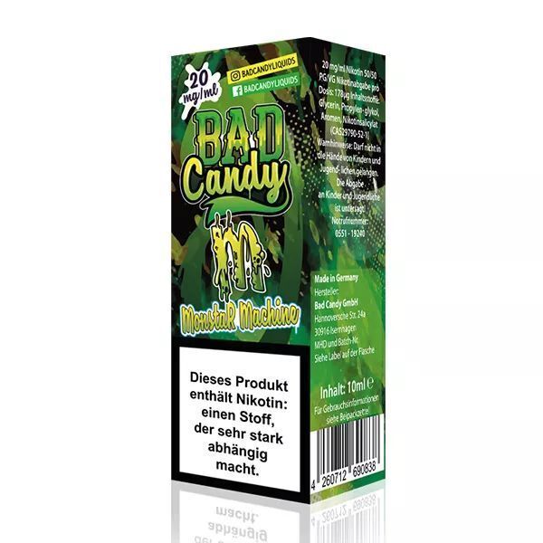 Liquid Monstar Machine mit 10mg Nikotin von Bad Candy Verpackung von Bad Candy Nikotinsalz Monstar Machine mit 10mg Nikotin, grünem Design, Warnhinweis zur Abhängigkeit, Inhalt 10ml