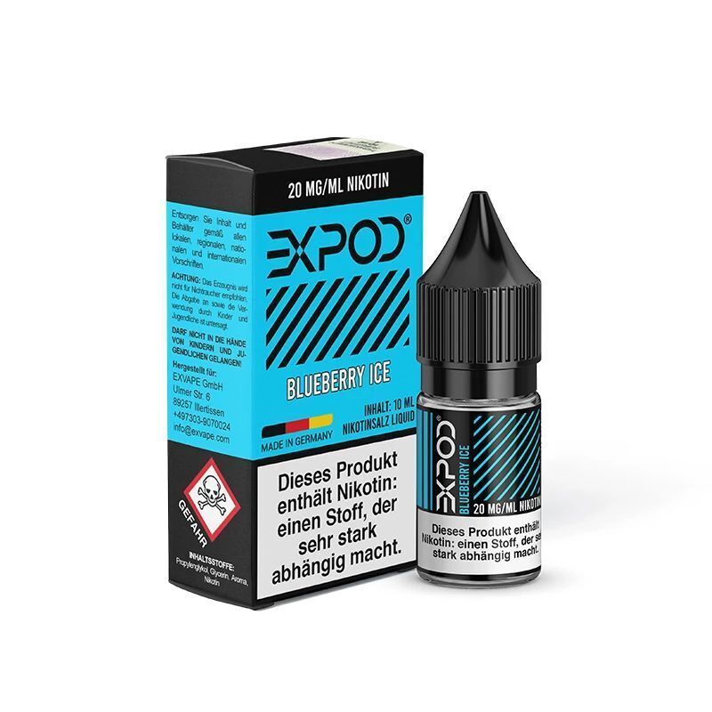 Liquid Blueberry Ice von Expod Flasche und Verpackung von Expod Nikotinsalz Blueberry Ice 10mg mit Warnhinweisen auf stark abhängig machenden Nikotingehalt.