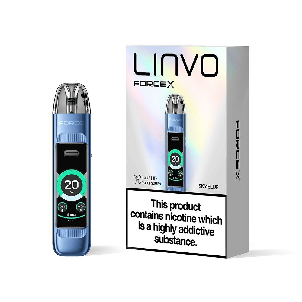 Linvo Force X Pod Kit in Sky Blue mit digitalem Display auf Vorderseite, Verpackung daneben mit Warnhinweis zu Nikotin.