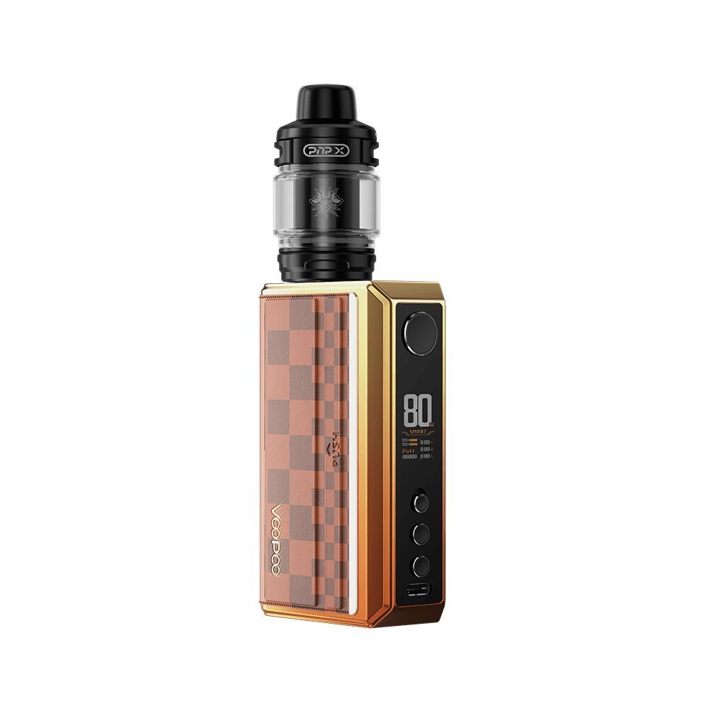 Voopoo Drag 5 Kit in Orange mit Schachbrettmuster, Goldtonumrandung, Display mit 80-Watt-Anzeige und drei runden Knöpfen auf der rechten Seite