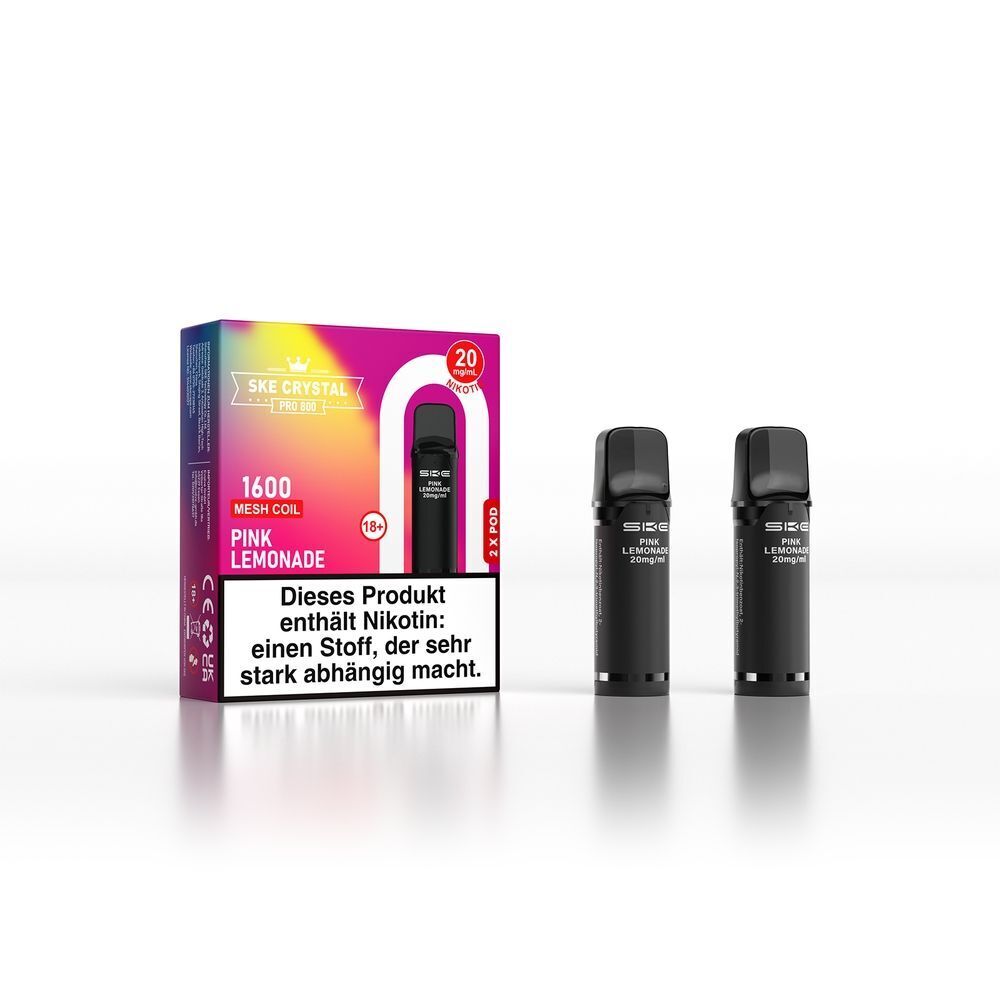 SKE Crystal 800 Pro Pods - Pink Lemonade SKE Crystal Pro Pods, Pink Lemonade 20mg, zwei schwarze Pods und bunte Verpackung mit Warnhinweis über Nikotingehalt