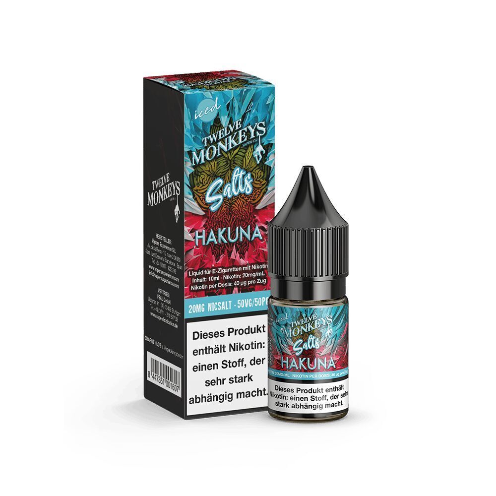 Liquid Hakuna 20mg - Twelve Monkeys E-Liquid-Flasche und Verpackung von Twelve Monkeys Salts, Produkt: Hakuna 20mg Nikotinsalz, blau-rote Gestaltung mit Textwarnung.