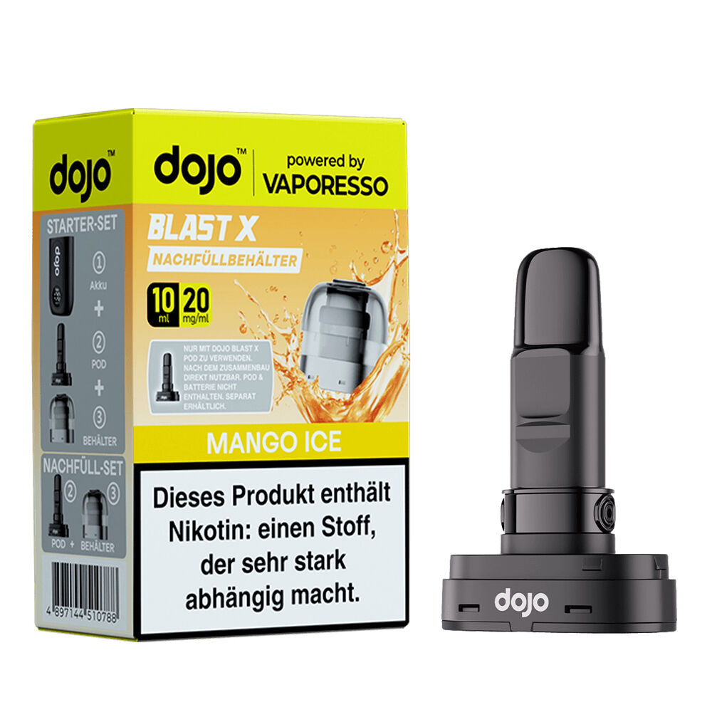 Vaporesso Dojo Blast X Pods - Mango Ice 20mg Vaporesso Dojo Blast X Pods Mango Ice 20mg Packung und Pod, gelbe Verpackung mit schwarzem Pod-Aufsatz, Produktinformation und Nikotin-Warnung sichtbar.