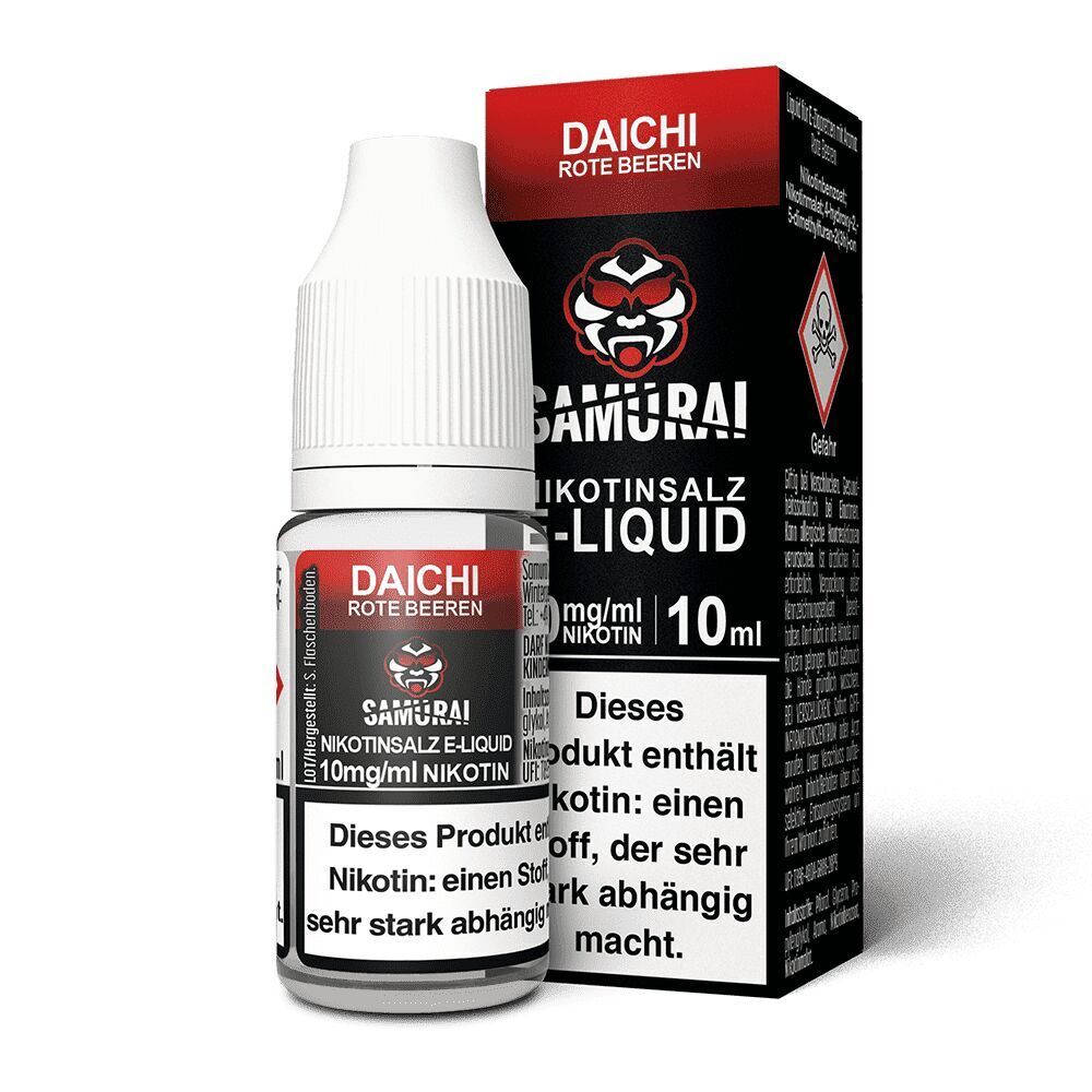 Liquid Daichi Rote Beeren 10mg - Samurai Samurai Nikotinsalz Daichi Rote Beeren 10mg E-Liquid-Flasche und Verpackung mit Warnhinweis, Produktname und Logo prominent sichtbar