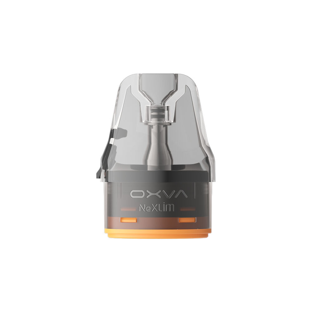 Oxva NeXLIM V2 Pod mit Coil 0,8 Ohm, transparentes Gehäuse, schwarzes Mittelteil, orangefarbener Boden, sichtbarer Oxva-Logo-Aufdruck