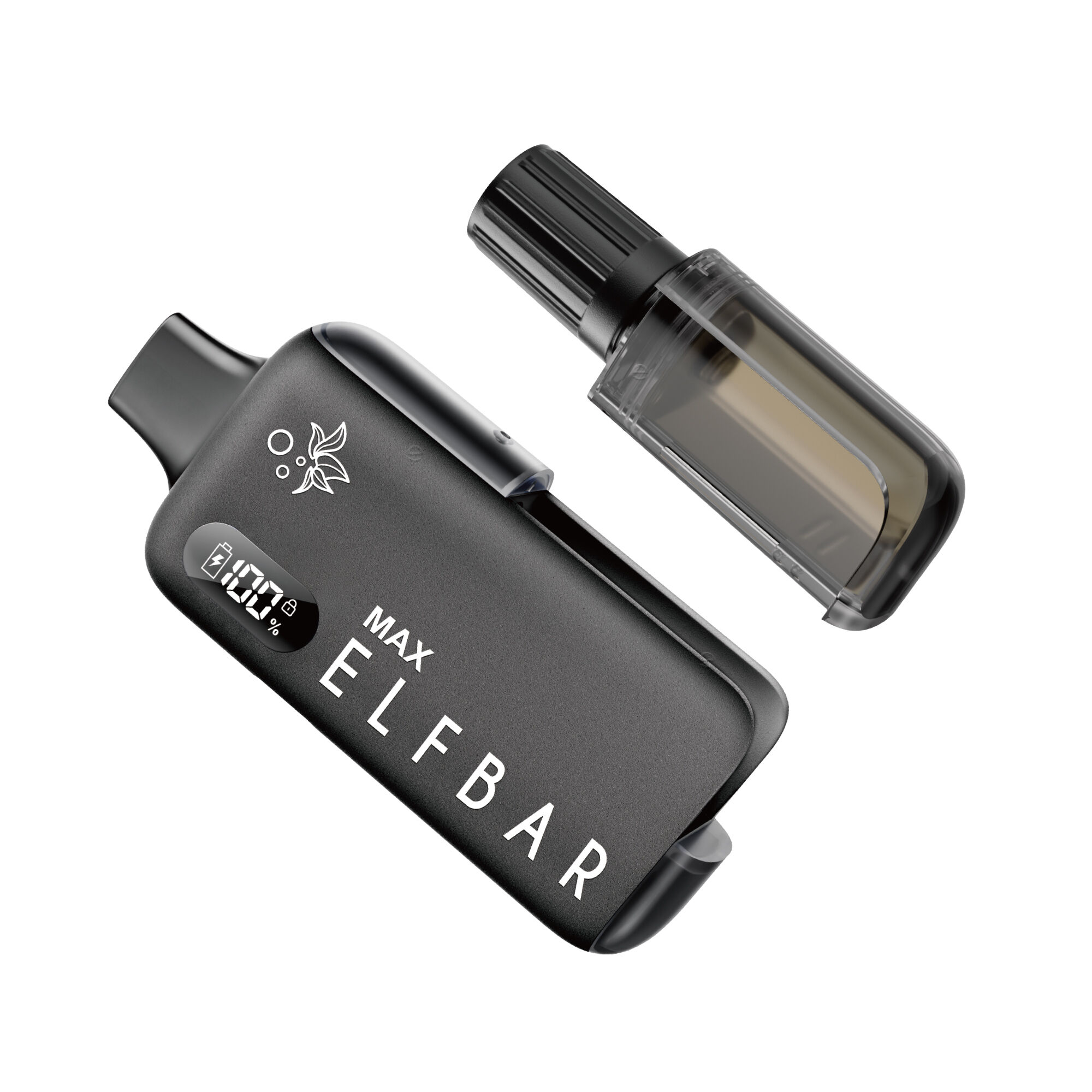Elfbar Max Pod Kit - Black Elfbar Max Pod Kit - Black mit abnehmbarem Pod und digitaler Anzeige für Ladestand auf schwarzem Gehäuse