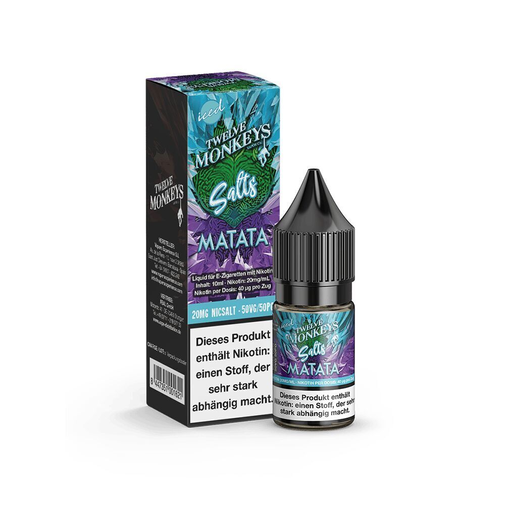 Liquid Matata 20mg - Twelve Monkeys E-Liquid-Flasche und Verpackung für E-Zigaretten, Twelve Monkeys Salts Matata, 20mg Nikotinsalz, mit Hinweis auf starken Nikotingehalt.
