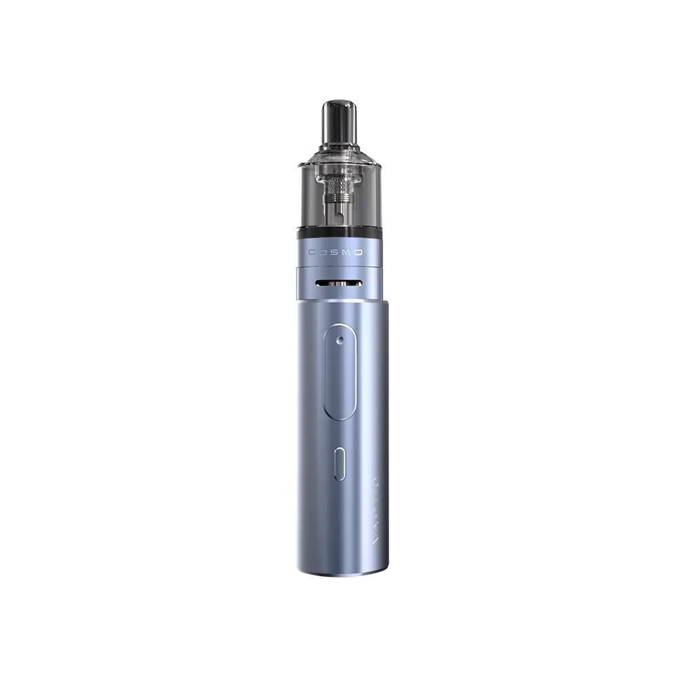 Vaptio Cosmo Prime Kit Ice Blue, ein elegantes Vaping-Gerät in blau, mit silbernem Knopf, transparentem Tank und sichtbarem Branding.