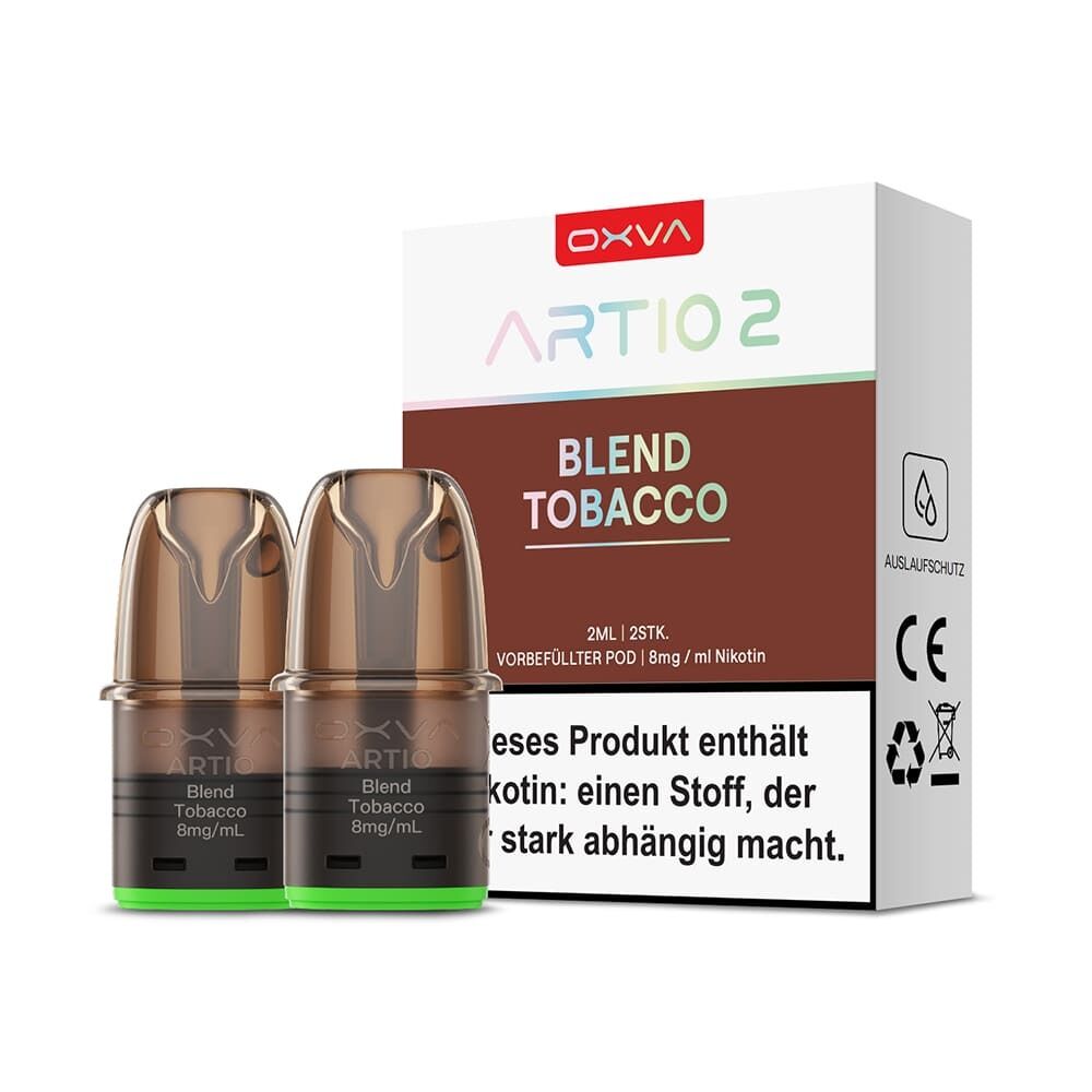 Oxva Artio 2 Pods - Blend Tobacco 8mg Oxva Artio 2 Pods Blend Tobacco 8mg, zwei braune Pods mit grünem Sockel vor einer Verpackung mit Text und Symbolen
