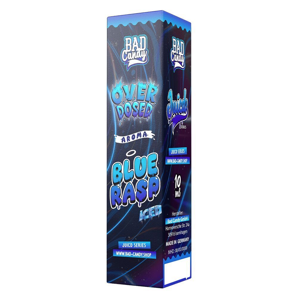 Aroma Blue Rasp Iced - Bad Candy Overdosed Verpackung des Bad Candy Aroma Blue Rasp Iced Overdosed, dunkel mit blauen und weißen Schriftzügen, enthält 10 ml, hergestellt in Deutschland.